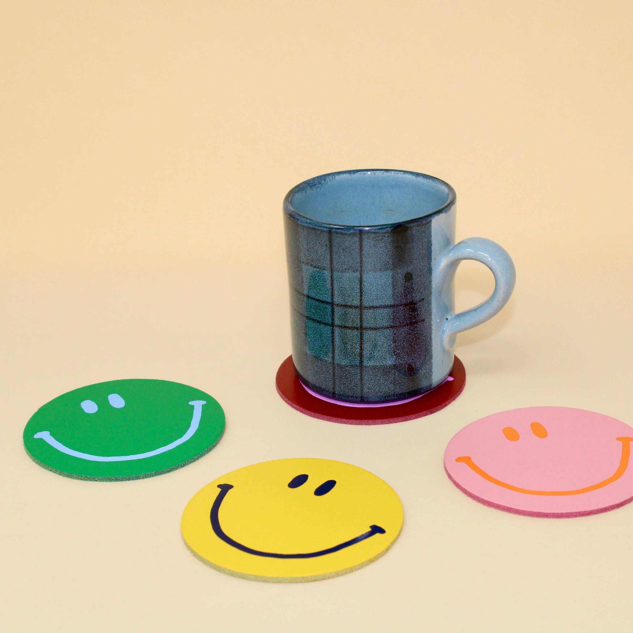 Ark Colour Design Happy Face Smilie Leather Coasters Set of 4