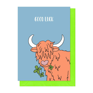 Neon Magpie Highland Cow Good Luck Card