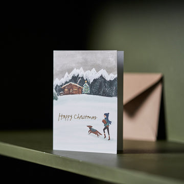 Happy Christmas Dog In Snow Card by Joy Nevada